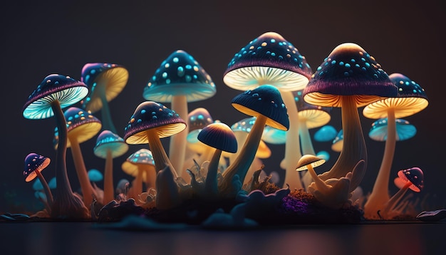 A digital painting of mushrooms with glowing lights