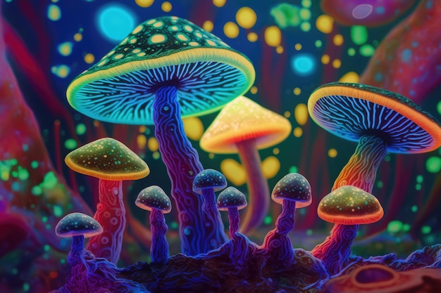 A digital painting of mushrooms with glowing lights