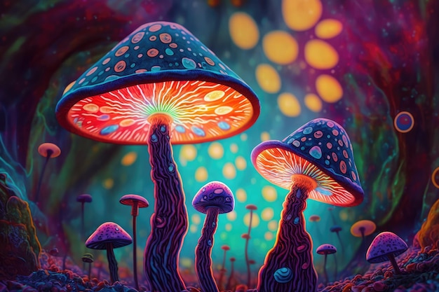 A digital painting of mushrooms with glowing lights