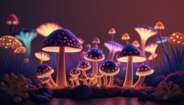 A digital painting of mushrooms with glowing lights