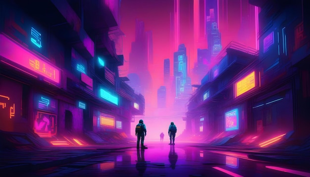 A digital painting of a neonlit cyber cityscape with a figure in the foreground