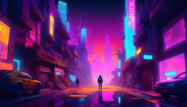 A digital painting of a neonlit cyber cityscape with a figure in the foreground