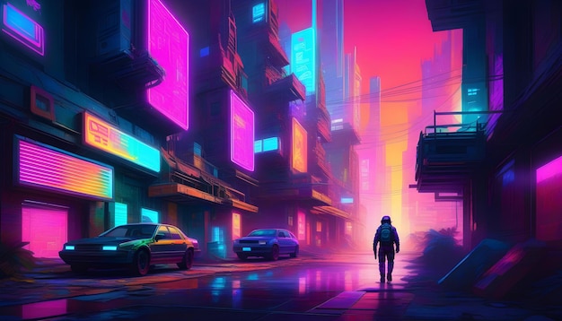 A digital painting of a neonlit cyber cityscape with a figure in the foreground