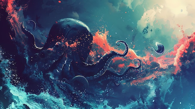 Photo a digital painting of an octopus swimming in a colorful ocean the octopus is dark blue with yellow eyes