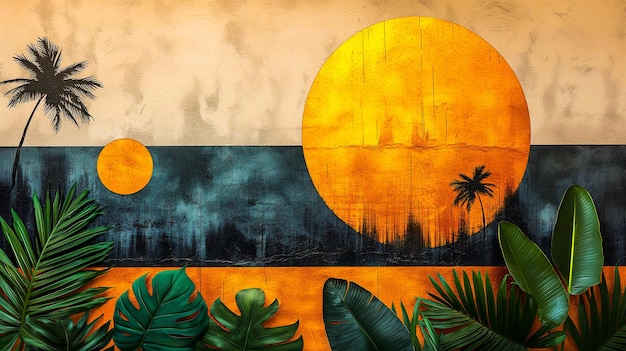 a digital painting of palm trees and a sunset