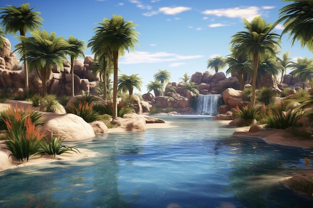 A digital painting of palm trees and a waterfall in a tropical landscape.