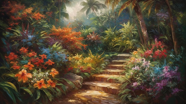 Digital painting of path in tropical garden with colorful flowers and sunlight