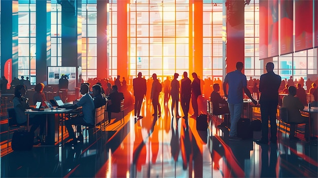 a digital painting of people in a room with a bright light on the wall