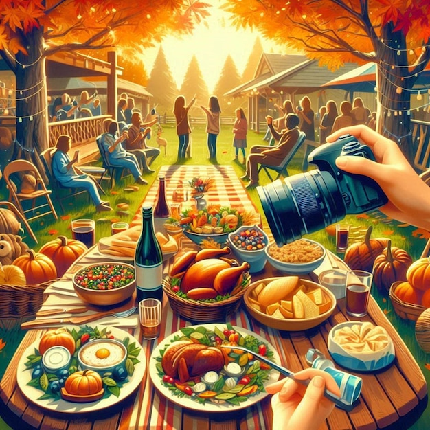 a digital painting of a picnic table with a person taking a picture of a picnic table with food and