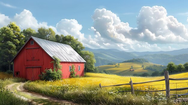 Photo digital painting of a picturesque rural farm with a red barn and rolling hills in the background