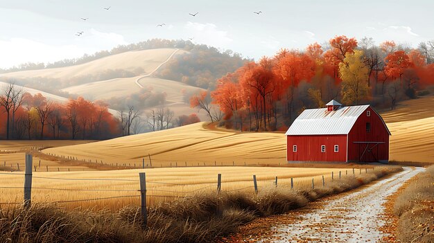 Photo digital painting of a picturesque rural farm with a red barn and rolling hills in the background