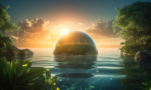 A digital painting of a planet in the ocean with a sunset in the background.