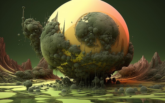 A digital painting of a planet with green and yellow colors.