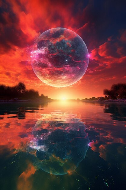 A digital painting of a planet with the sun setting behind it.