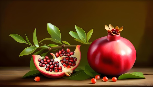 Photo a digital painting of a pomegranate on a wooden table