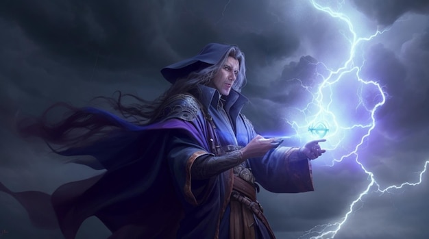 Digital Painting of a Powerful Sorcerer in a Thunderstorm