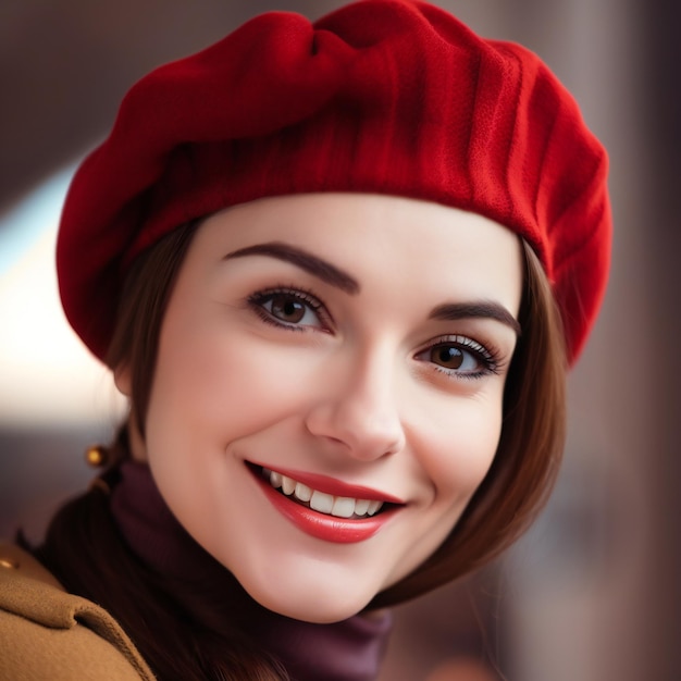 Digital painting pretty girl smilling in red beret people portraits