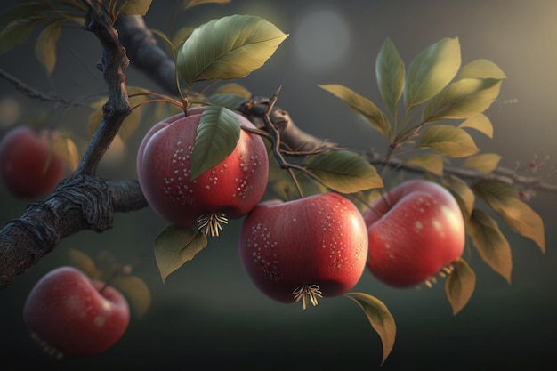 A digital painting of a red apple on a branch