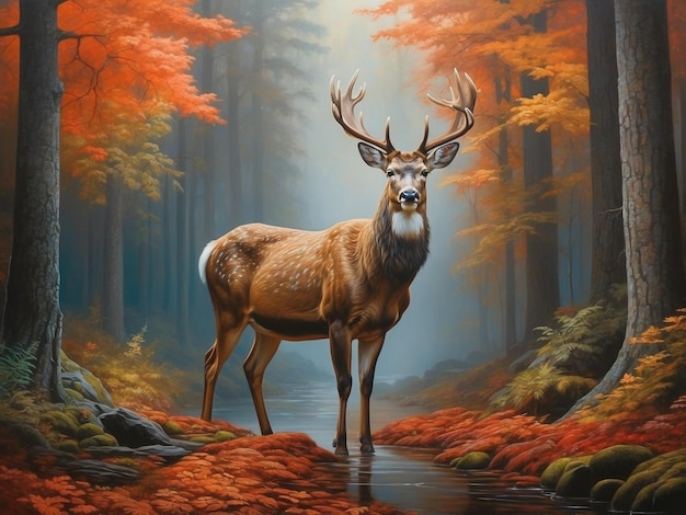 Digital painting of a red deer stag in a misty forest