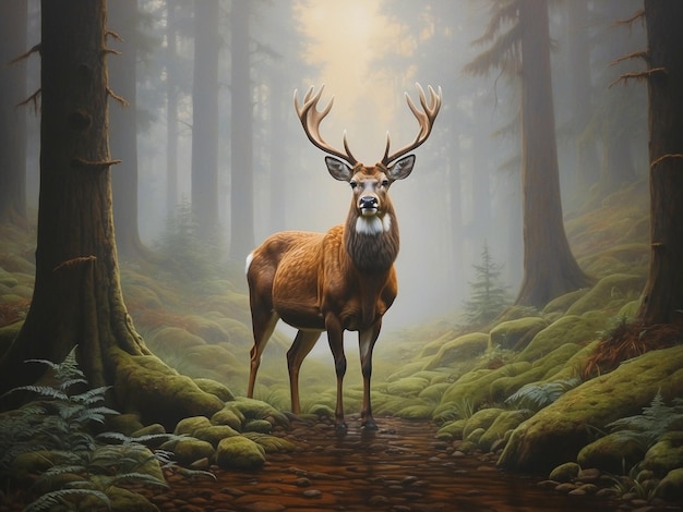 Digital painting of a red deer stag in a misty forest