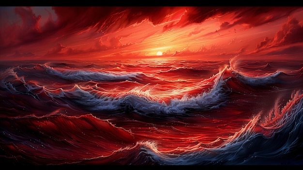 A digital painting of red seaswirling waves and an ominous sunset in shades of red and orange