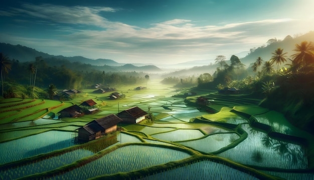 a digital painting of a rice field with houses in the background