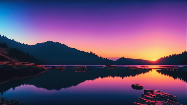 A digital painting of a river or lake and mountains with a sunset or sunrise in the background