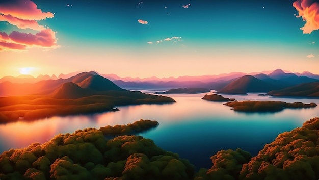 A digital painting of a river or lake and mountains with a sunset or sunrise in the background