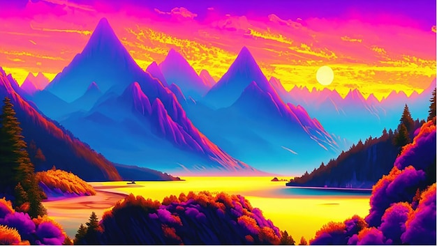 A digital painting of a river or lake and mountains with a sunset or sunrise in the background