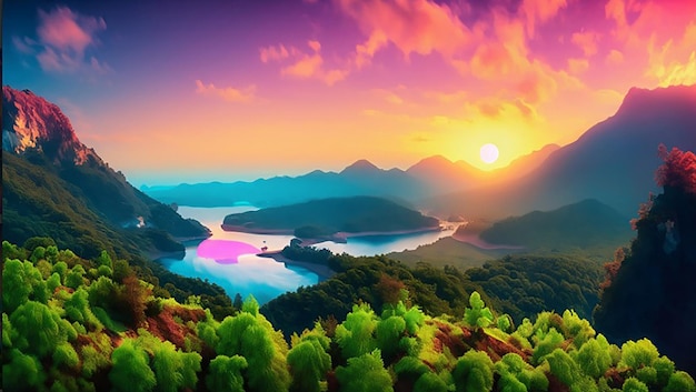 A digital painting of a river or lake and mountains with a sunset or sunrise in the background