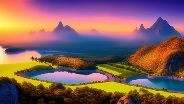 A digital painting of a river or lake and mountains with a sunset or sunrise in the background