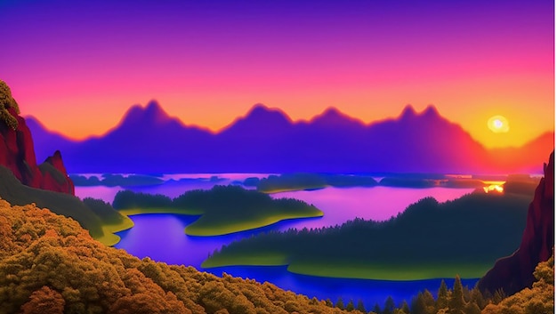 A digital painting of a river or lake and mountains with a sunset or sunrise in the background