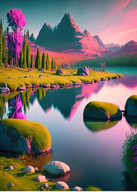 A digital painting of a river or lake and mountains with a sunset or sunrise in the background