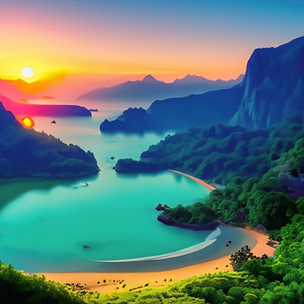 A digital painting of a river or lake and mountains with a sunset or sunrise in the background