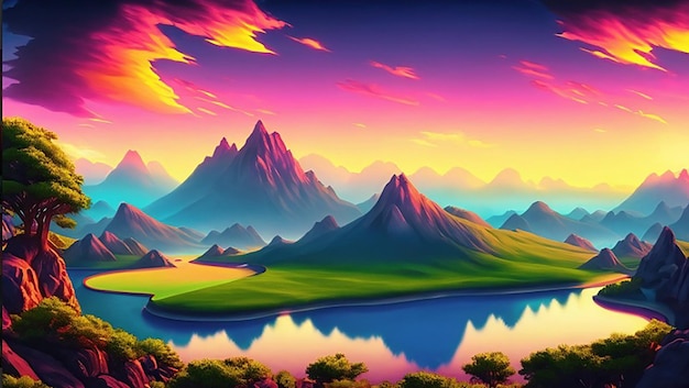 A digital painting of a river or lake and mountains with a sunset or sunrise in the background