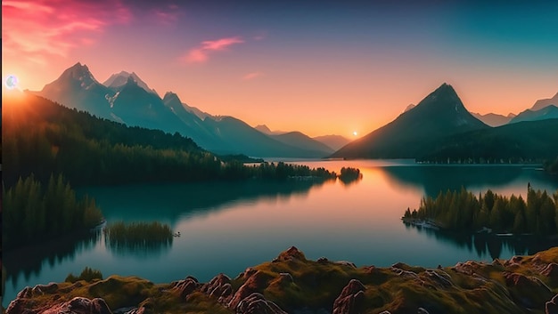 A digital painting of a river or lake and mountains with a sunset or sunrise in the background