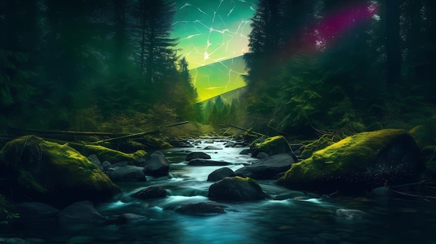 A digital painting of a river surrounded by rocks and trees.