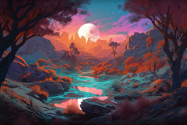 A digital painting of a river with a moon in the background.