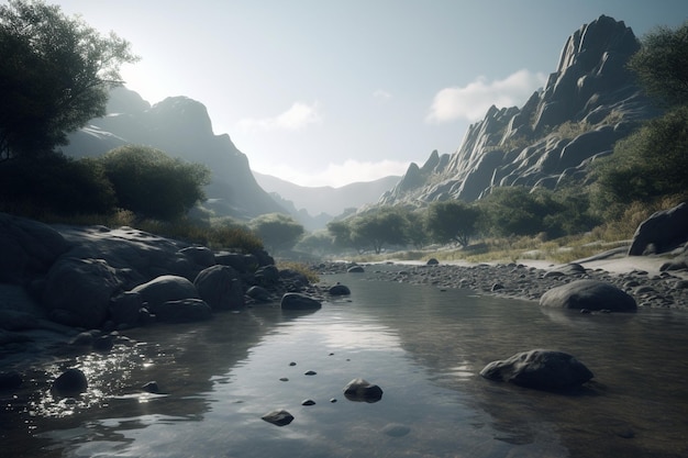 A digital painting of a river with mountains in the background.