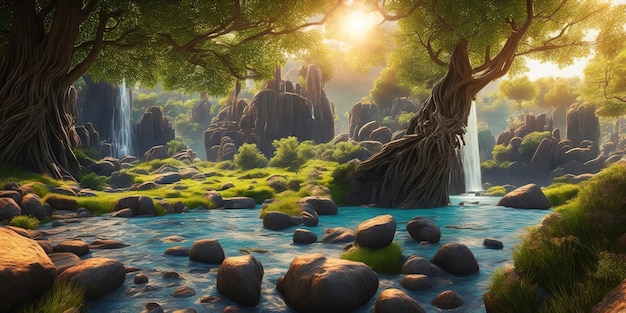 A digital painting of a river with a tree in the foreground