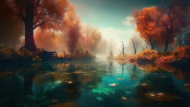 A digital painting of a river with trees and a lake in the foreground.