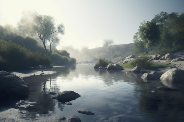 A digital painting of a river with trees and rocks.