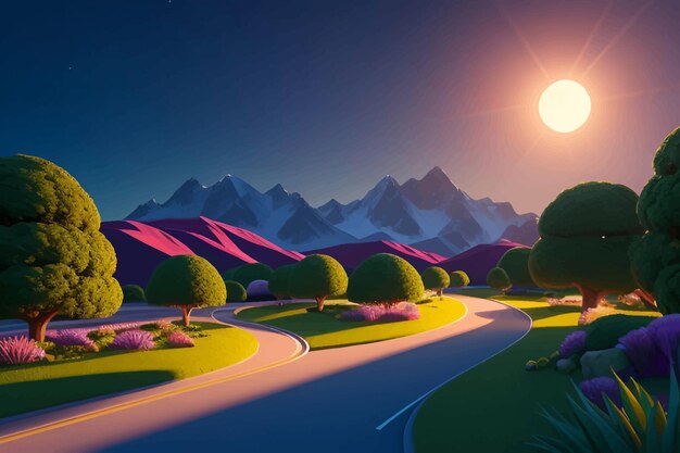 a digital painting of a road with mountains in the background