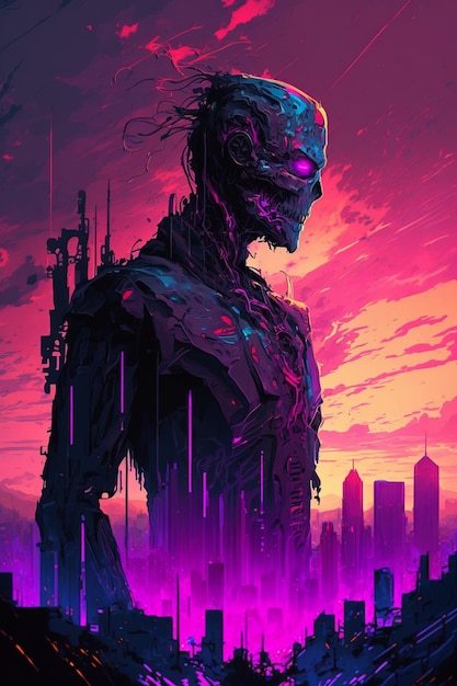 A digital painting of a robot with purple eyes and a city in the background.