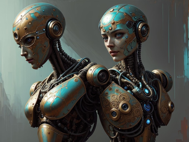 A digital painting of a robot with a woman's face and the word robot on the front.