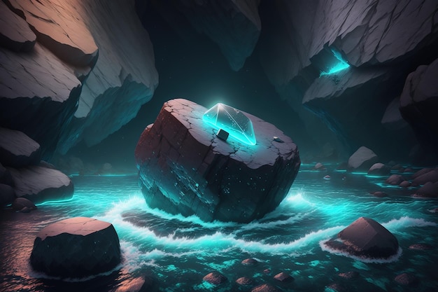 A digital painting of a rock in a dark cave with a blue light that says'the word'on it '