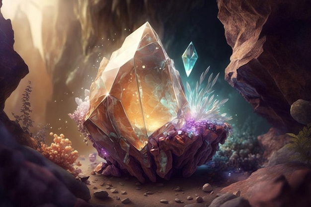 A digital painting of a rock with a large crystals in the center.