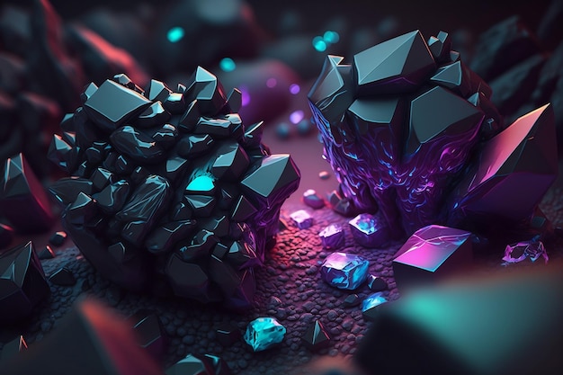 A digital painting of rocks and crystals with the words'blue'on the bottom right