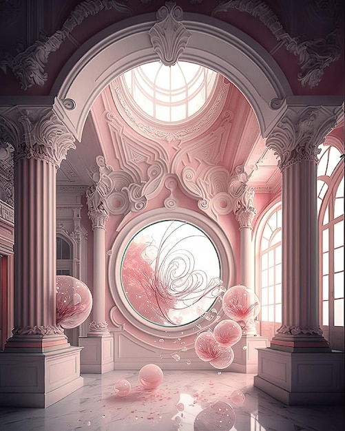 A digital painting of a room with a pink wallpaper and a large pink ball.