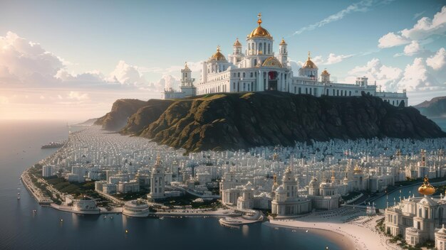 A digital painting of a russian orthodox church on a cliff.